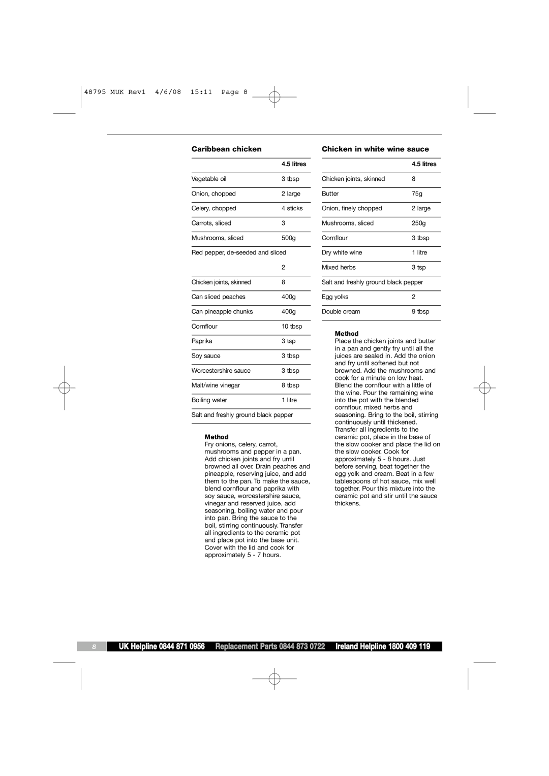 Morphy Richards 48795 manual Caribbean chicken, Chicken in white wine sauce 