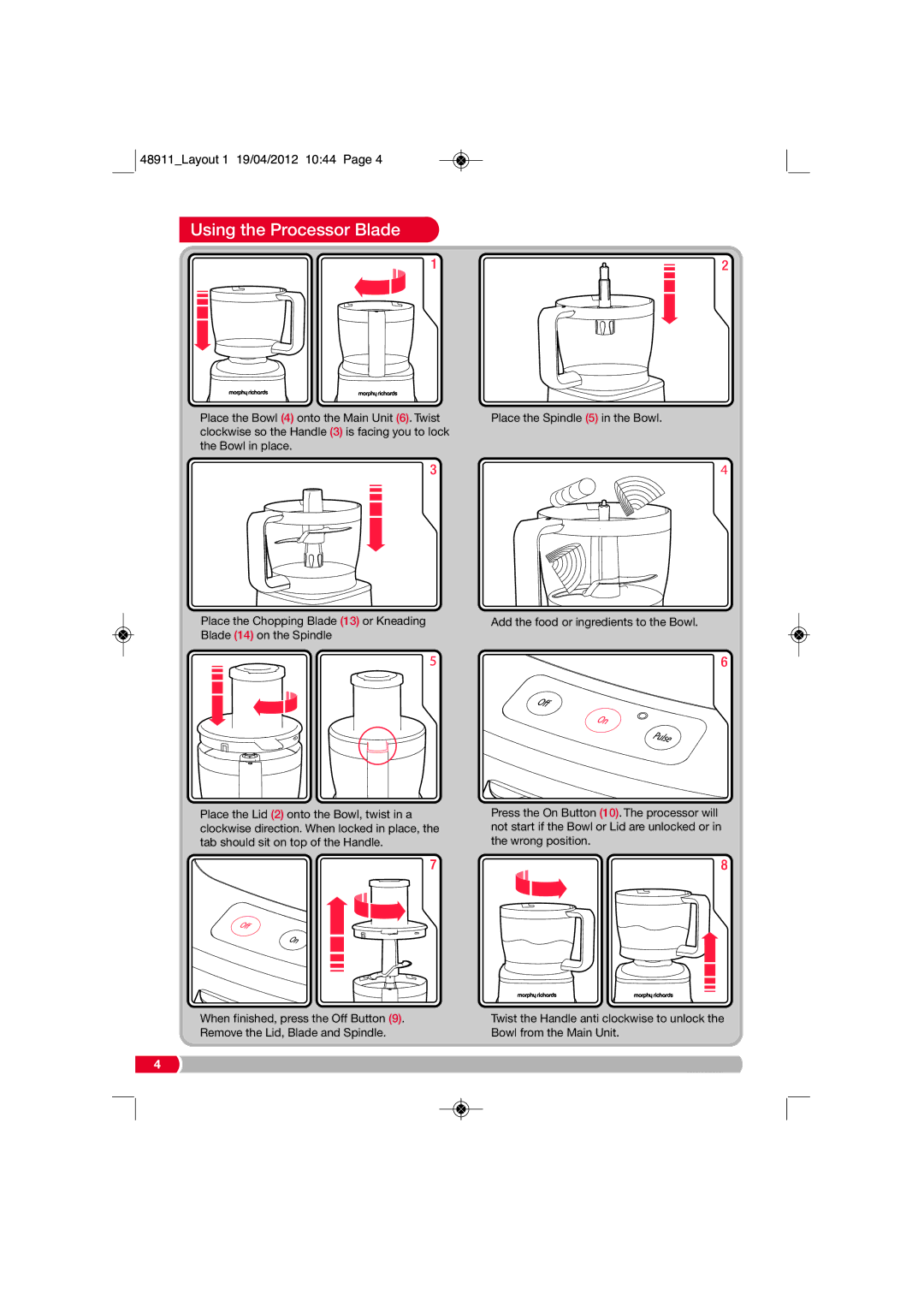 Morphy Richards 48911 manual Using the Processor Blade 