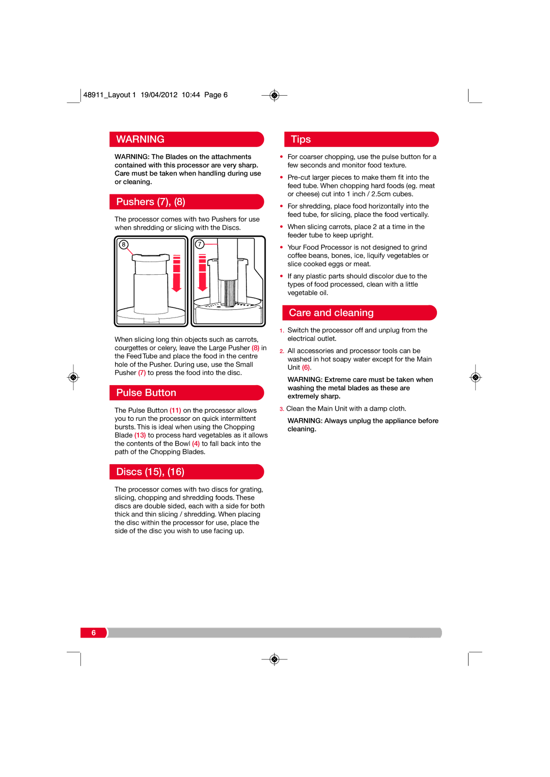 Morphy Richards 48911 manual Pushers 7, Pulse Button, Discs 15, Tips, Care and cleaning 