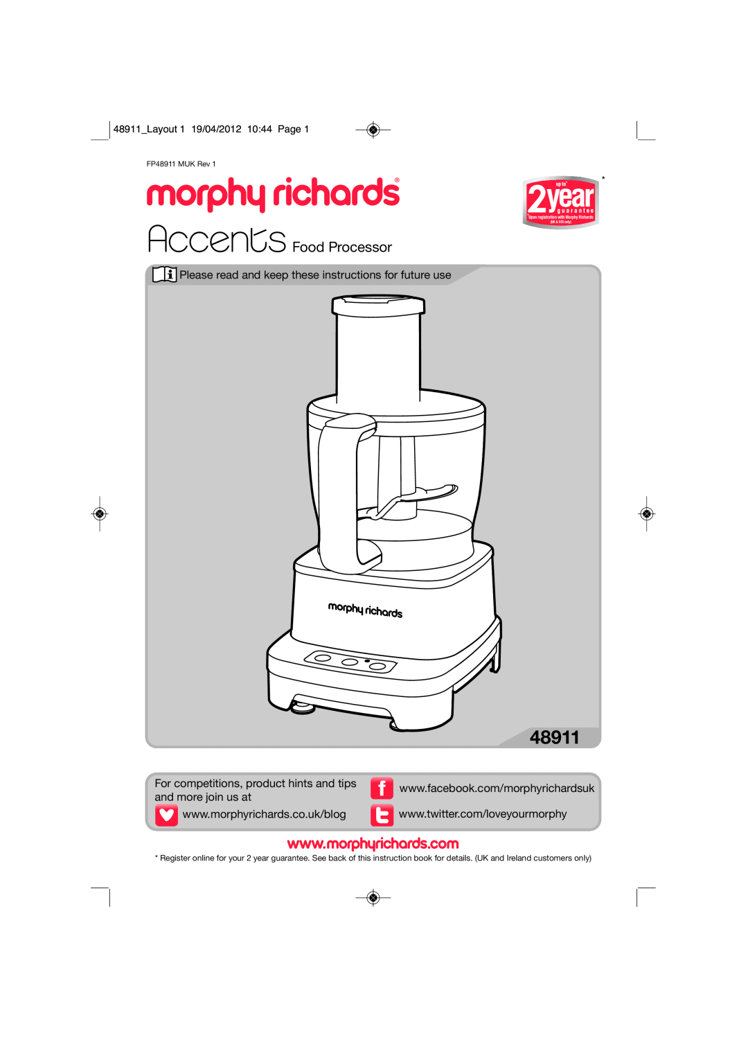 Morphy Richards manual 48911Layout 1 19/04/2012 1044 Page, Food Processor, For competitions, product hints and tips 