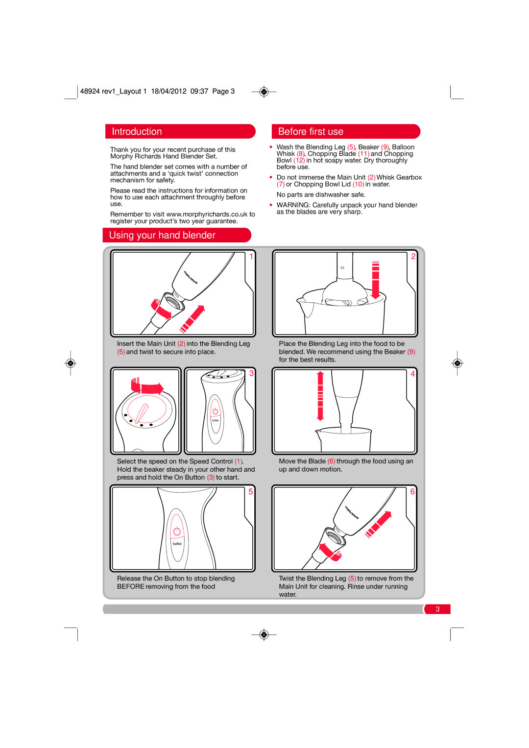 Morphy Richards 48924 manual Introduction Before first use, Using your hand blender 