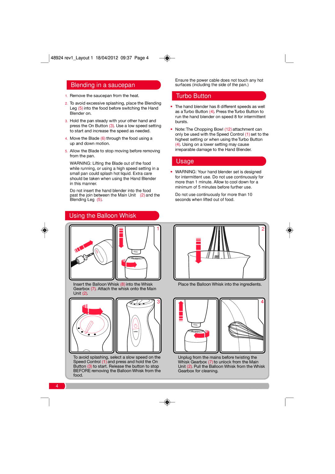 Morphy Richards 48924 manual Blending in a saucepan, Turbo Button, Usage, Using the Balloon Whisk 