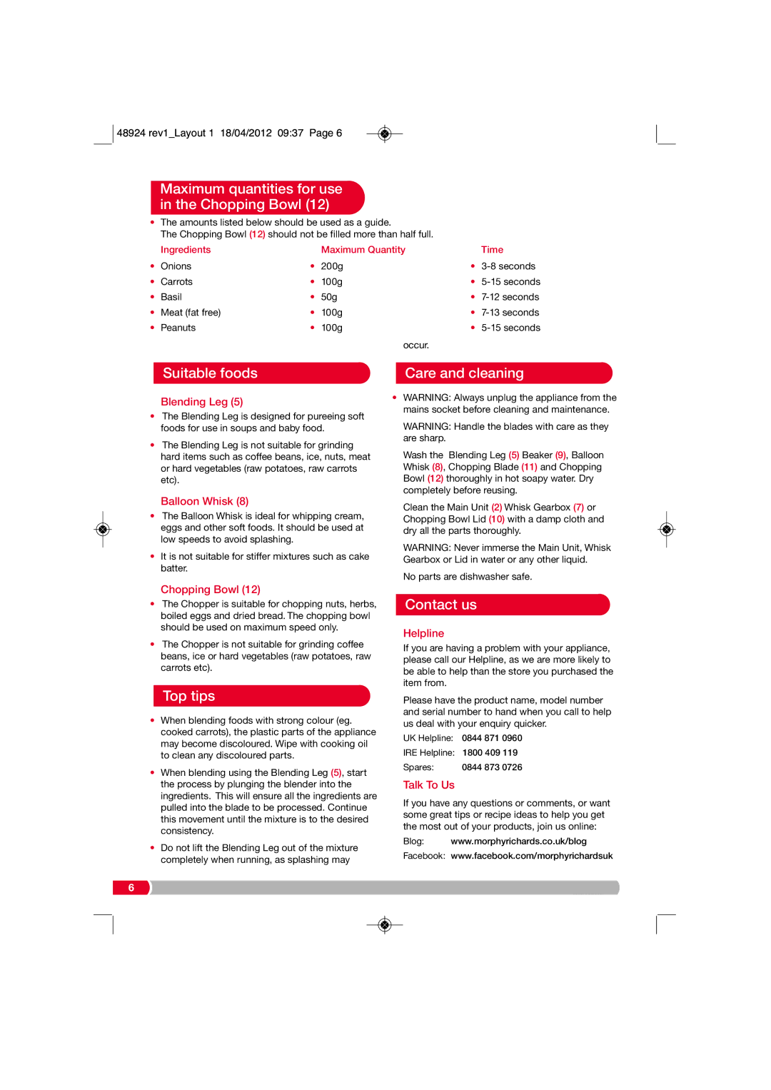 Morphy Richards 48924 manual Maximum quantities for use in the Chopping Bowl, Suitable foods, Care and cleaning, Top tips 