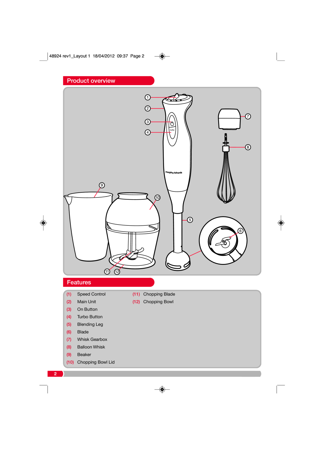 Morphy Richards 48924 manual Product overview, Features, Speed Control, Chopping Blade, Main Unit, Chopping Bowl 