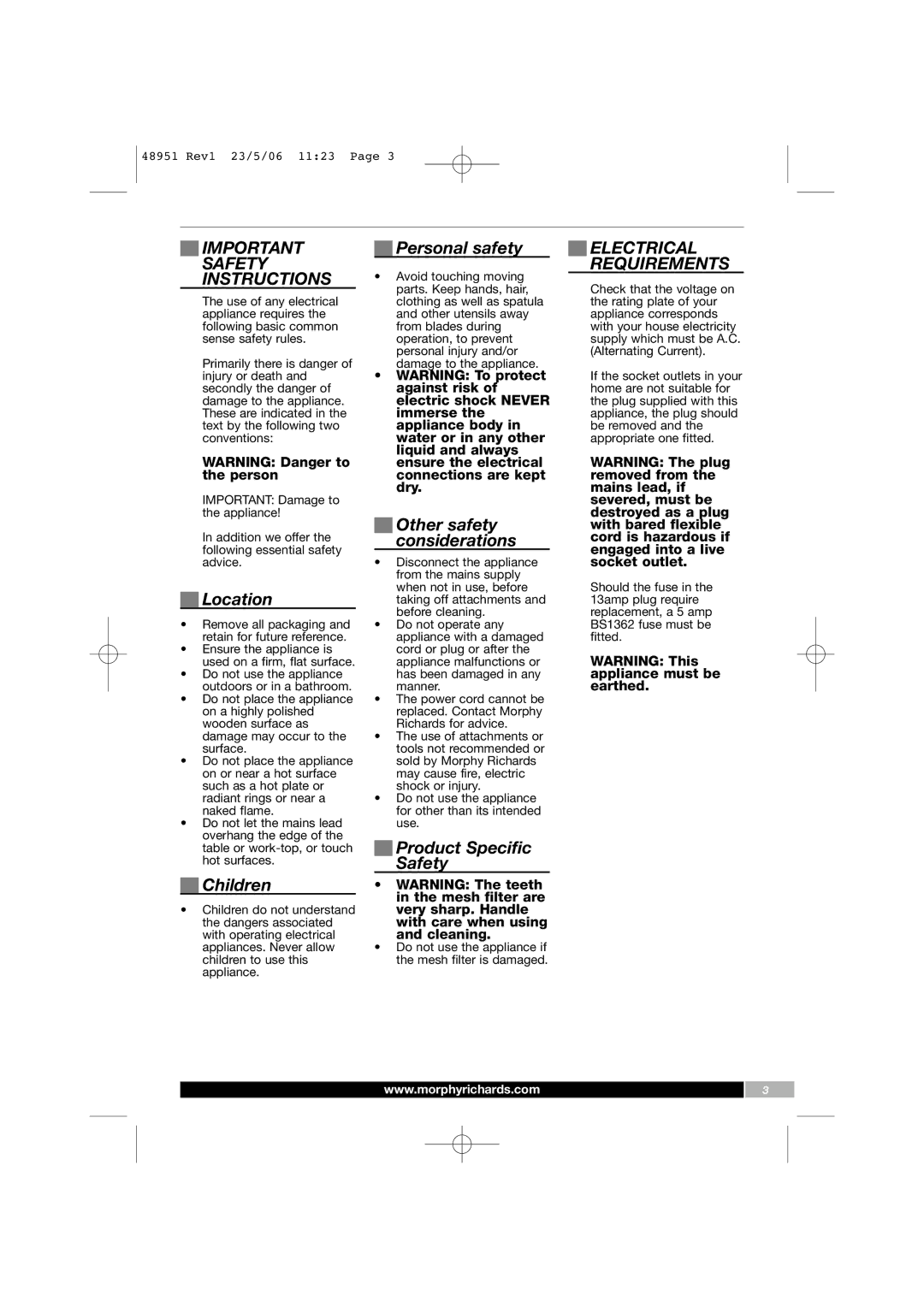 Morphy Richards 48951 manual Safety Instructions, Electrical Requirements 