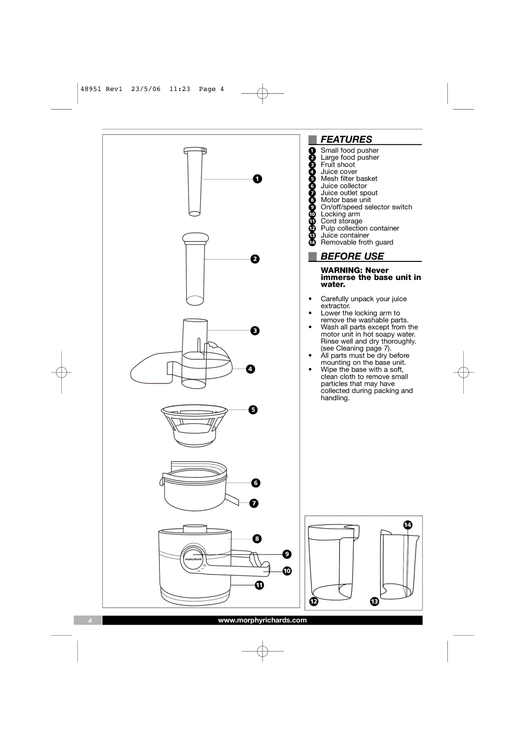 Morphy Richards 48951 manual Features, Before USE 