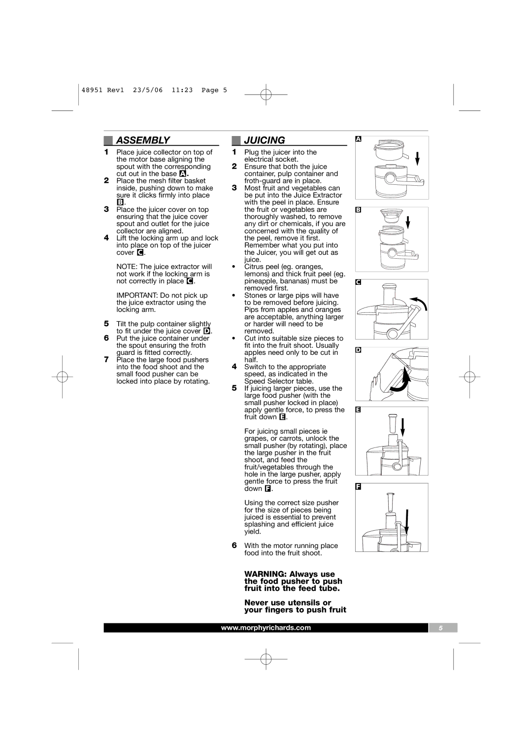 Morphy Richards 48951 manual Assembly, Juicing 