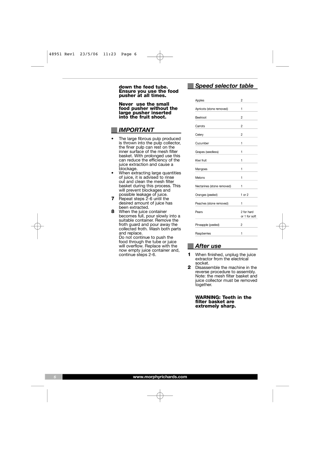 Morphy Richards 48951 manual Speed selector table, After use 