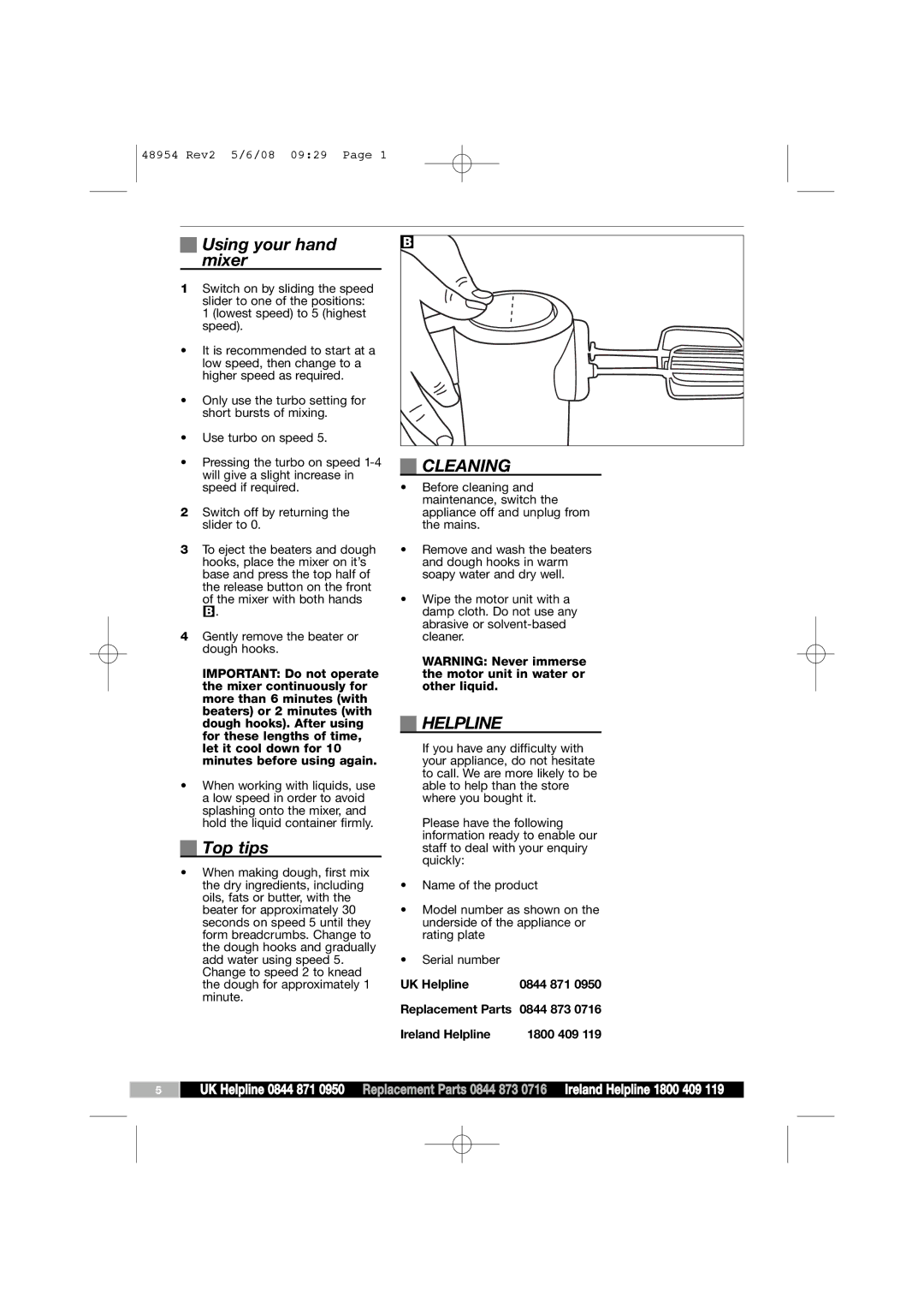 Morphy Richards 48954 manual Using your hand mixer, Top tips, Cleaning, Helpline 