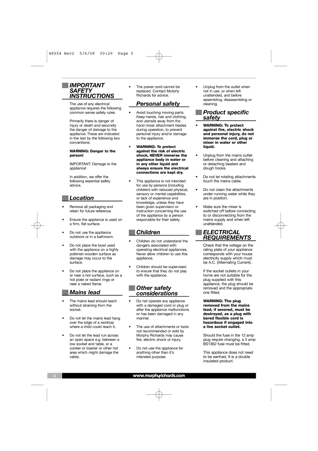 Morphy Richards 48954 manual Safety Instructions, Electrical Requirements 