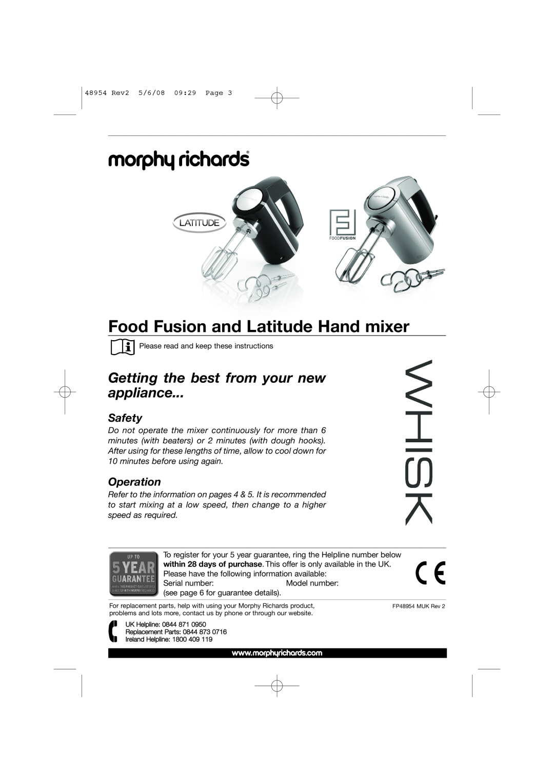 Morphy Richards 48954 Food Fusion and Latitude Hand mixer, Getting the best from your new appliance, Safety, Operation 