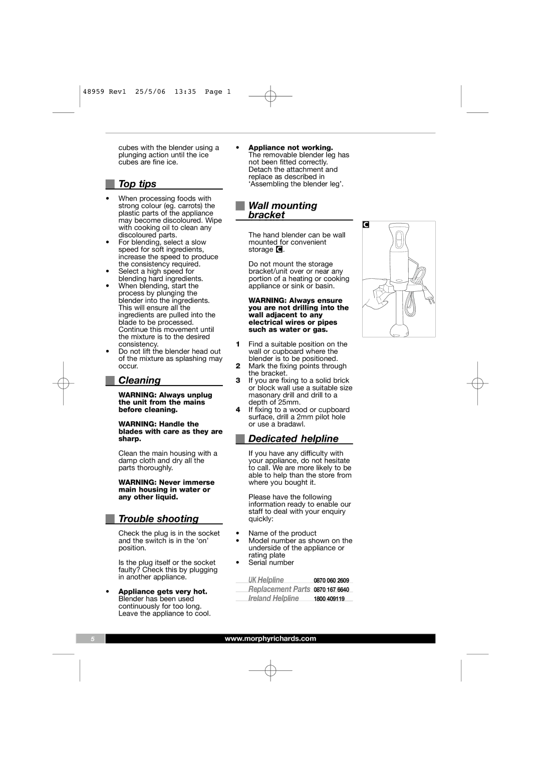 Morphy Richards 48959 manual Top tips, Cleaning, Trouble shooting, Wall mounting bracket, Dedicated helpline 