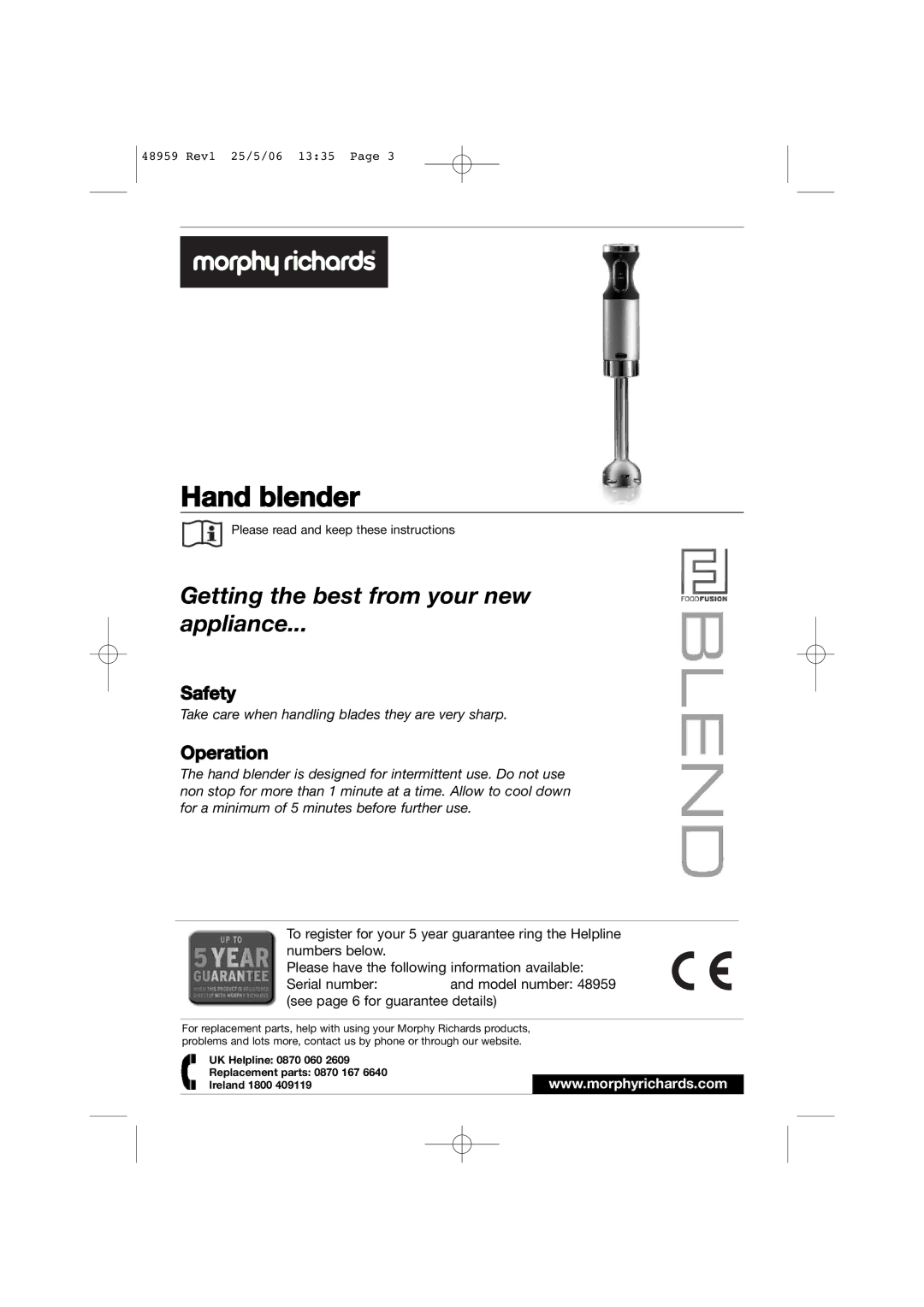 Morphy Richards 48959 manual Hand blender 