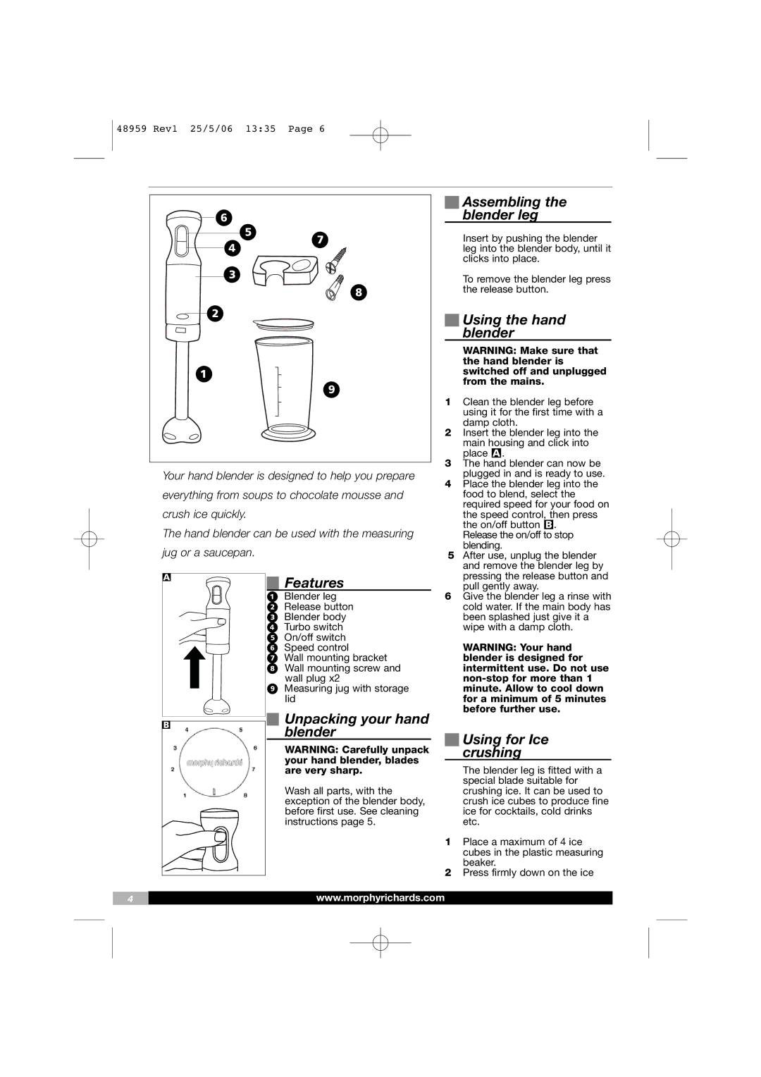 Morphy Richards 48959 manual Features, Unpacking your hand, Blender, Assembling the blender leg, Using the hand blender 