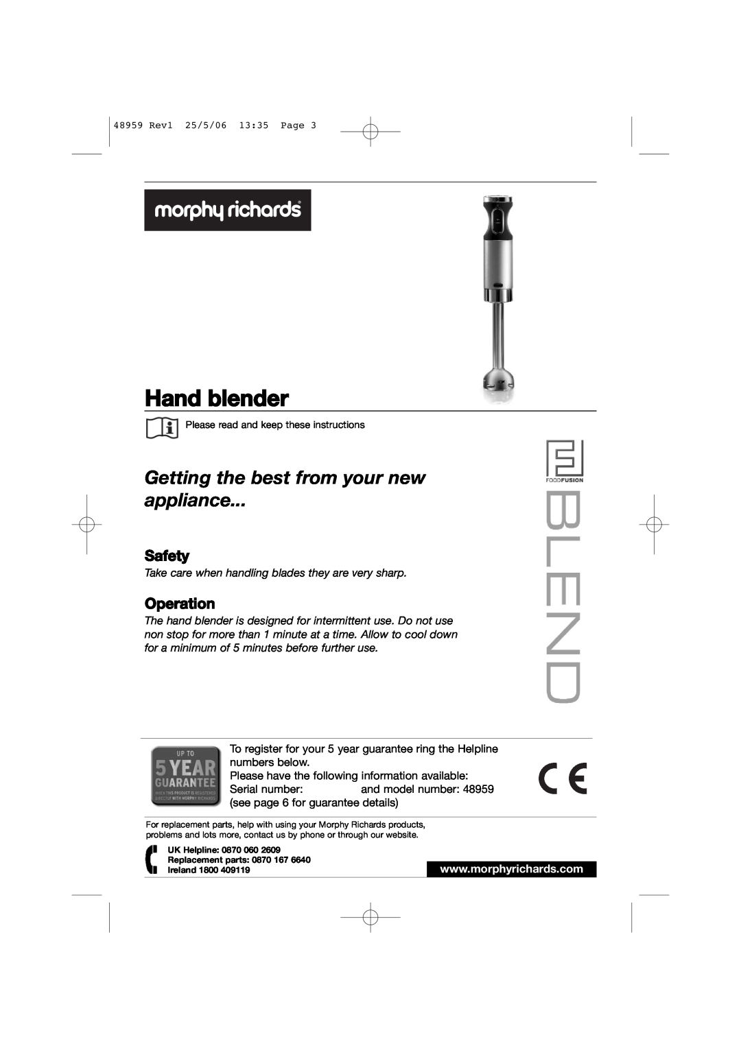 Morphy Richards 48959 manual Hand blender, Getting the best from your new appliance, Safety, Operation 