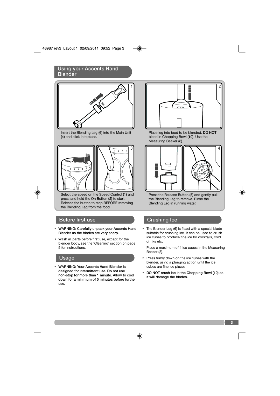 Morphy Richards 4897 manual Using your Accents Hand Blender, Before first use, Usage Crushing Ice 