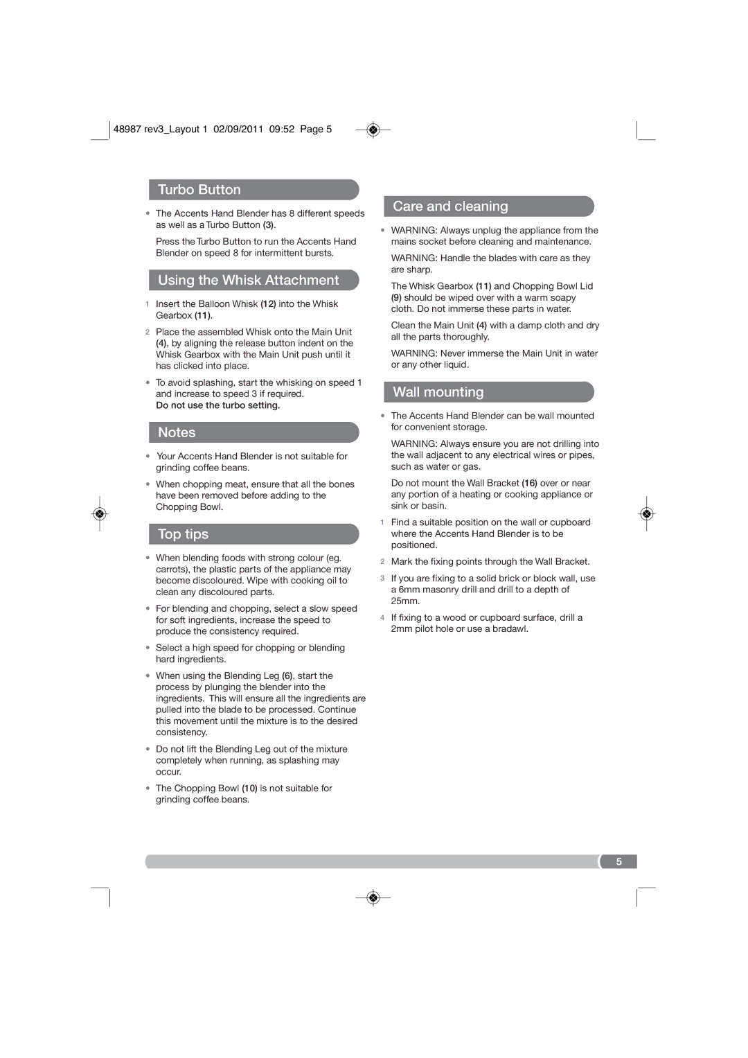 Morphy Richards 4897 manual Turbo Button, Using the Whisk Attachment, Top tips, Care and cleaning, Wall mounting 