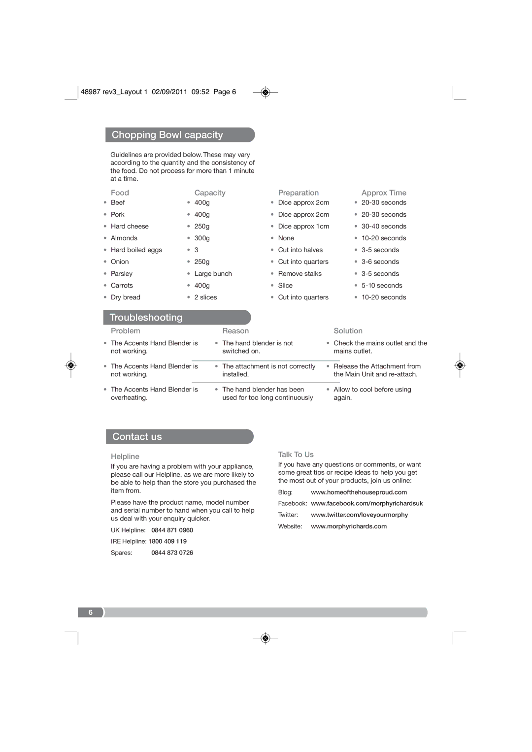 Morphy Richards 4897 manual Chopping Bowl capacity, Troubleshooting, Contact us 