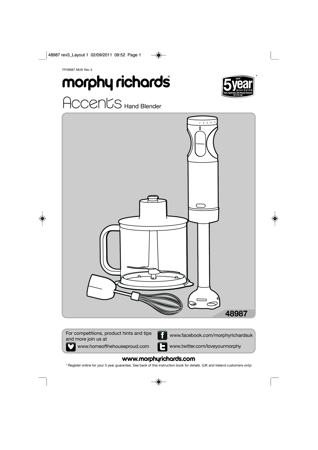 Morphy Richards 4897 manual 48987 rev3 Layout 1 02/09/2011 09 52 Page, Hand Blender 