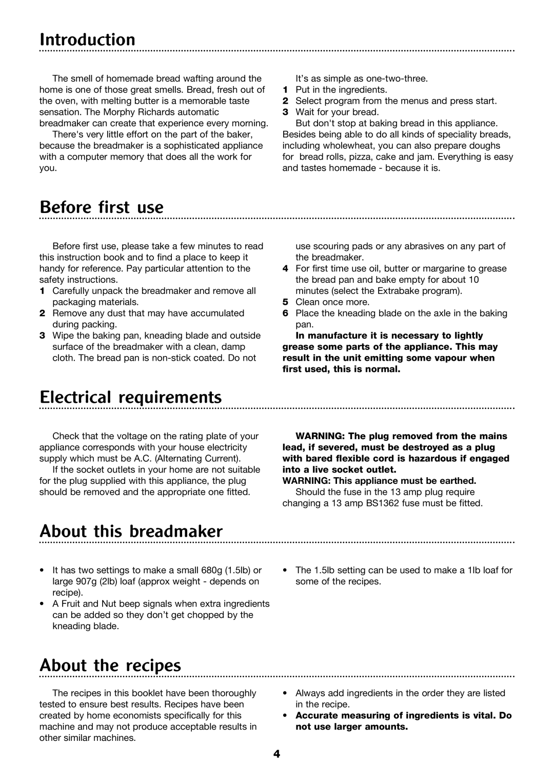 Morphy Richards 4Stainless steel breadmaker Introduction, Before first use, Electrical requirements, About this breadmaker 