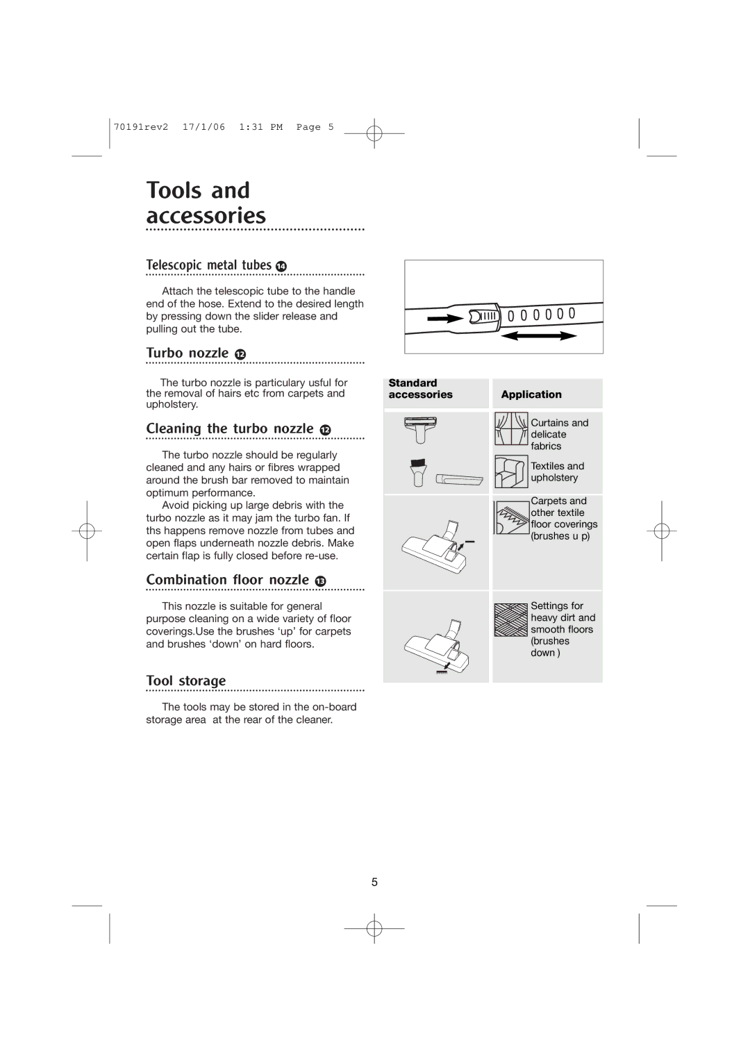 Morphy Richards 70191REV2 manual Tools and accessories, Telescopic metal tubes Á 