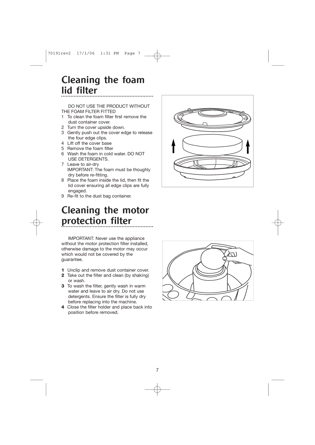 Morphy Richards 70191REV2 manual Cleaning the foam lid filter, Cleaning the motor protection filter 