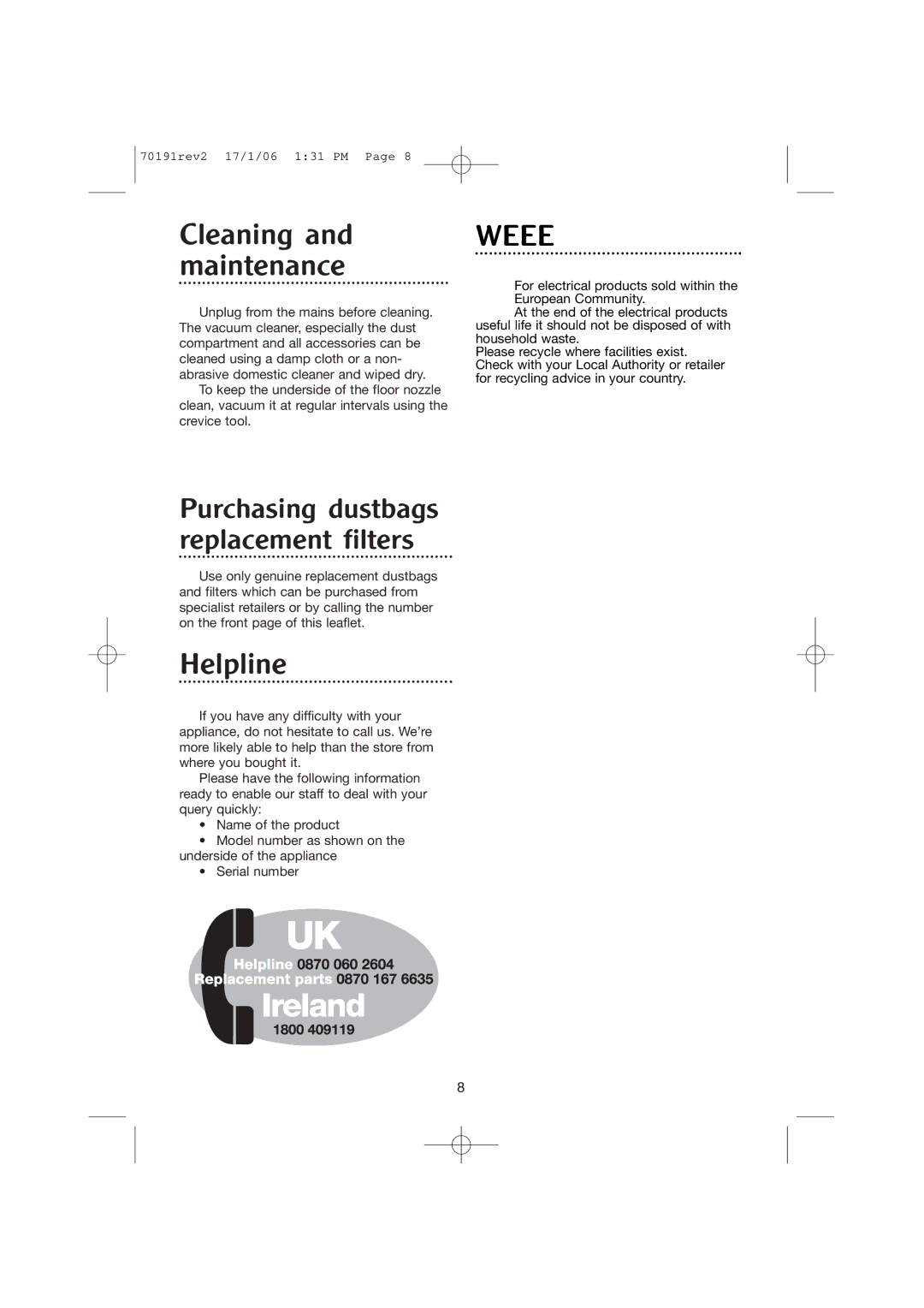 Morphy Richards 70191REV2 manual Cleaning and maintenance, Helpline 