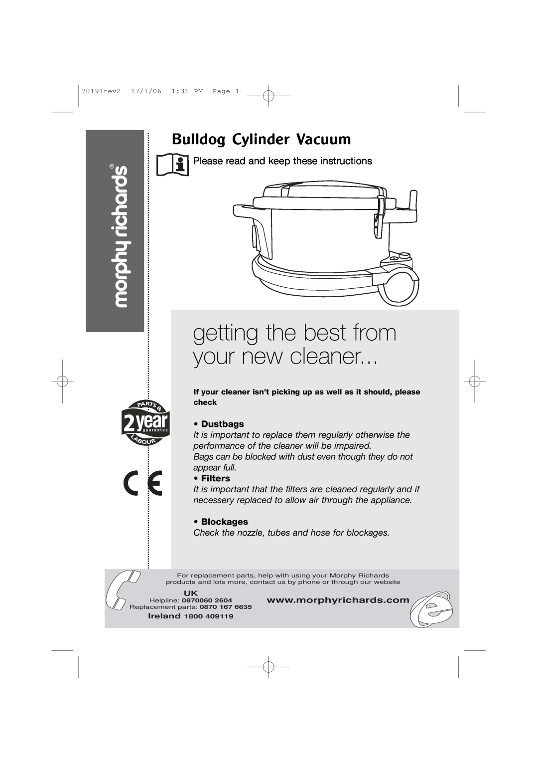 Morphy Richards 70191REV2 manual getting the best from your new cleaner, Bulldog Cylinder Vacuum, Dustbags, Filters 