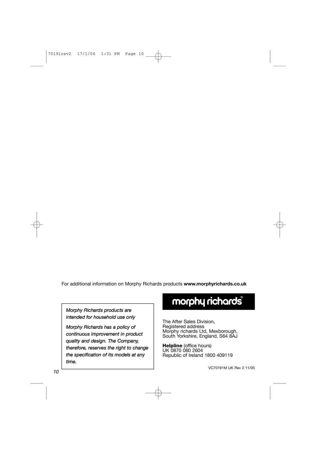 Morphy Richards 70191REV2 manual The After Sales Division, Registered address 