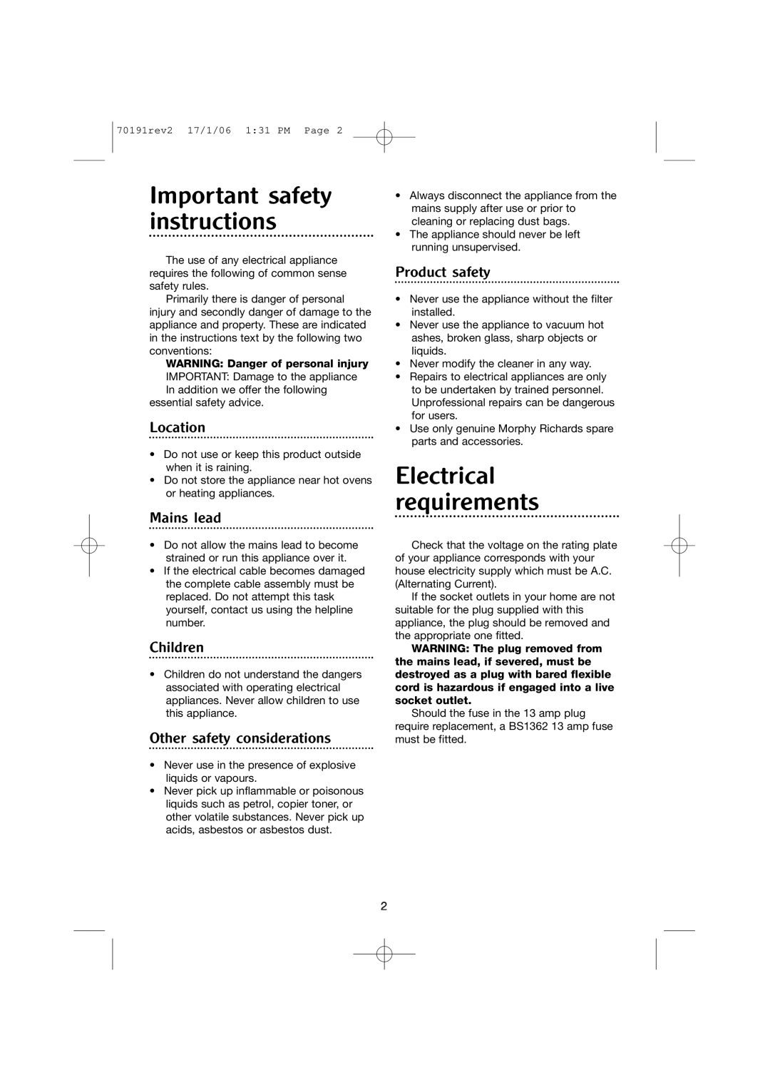 Morphy Richards 70191REV2 manual Important safety instructions, Electrical requirements, Location, Mains lead, Children 