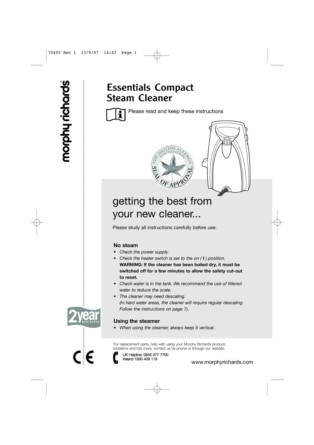 Morphy Richards 70455 manual Essentials Compact Steam Cleaner 