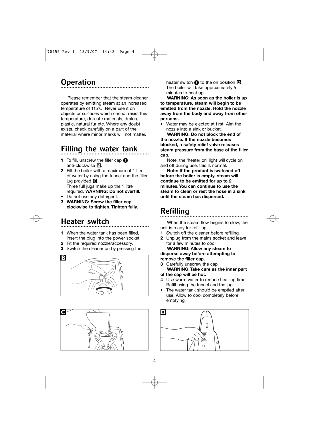 Morphy Richards 70455 manual Operation, Filling the water tank, Heater switch, Refilling 