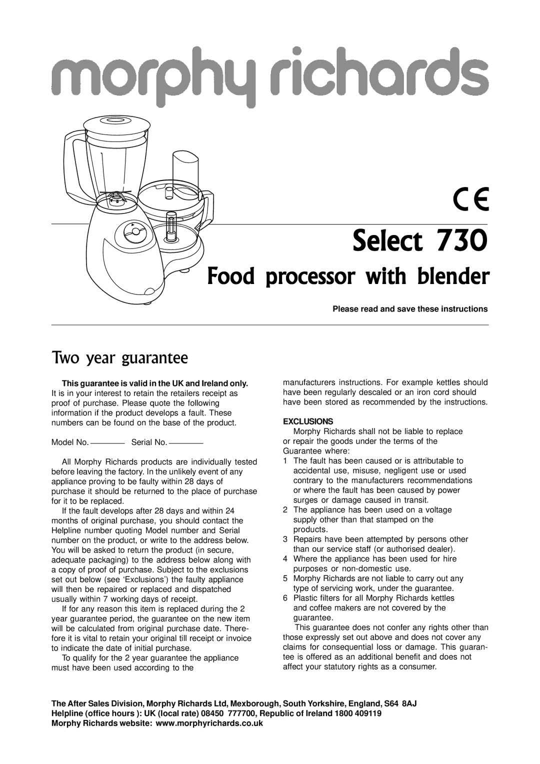 Morphy Richards 730 manual Please read and save these instructions, Exclusions 