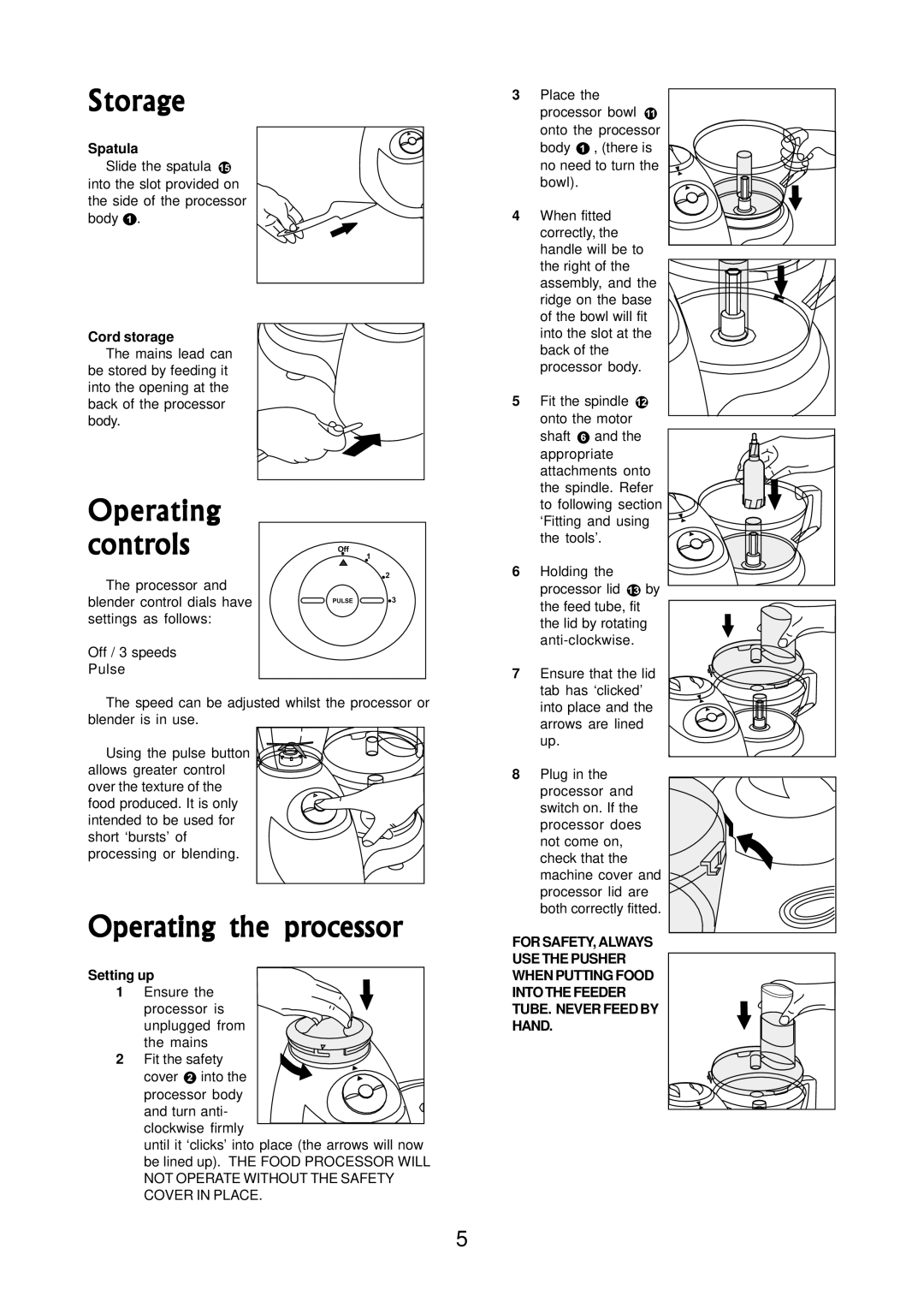 Morphy Richards 730 manual Operating controls, Operating the processor, Spatula, Cord storage, Setting up 