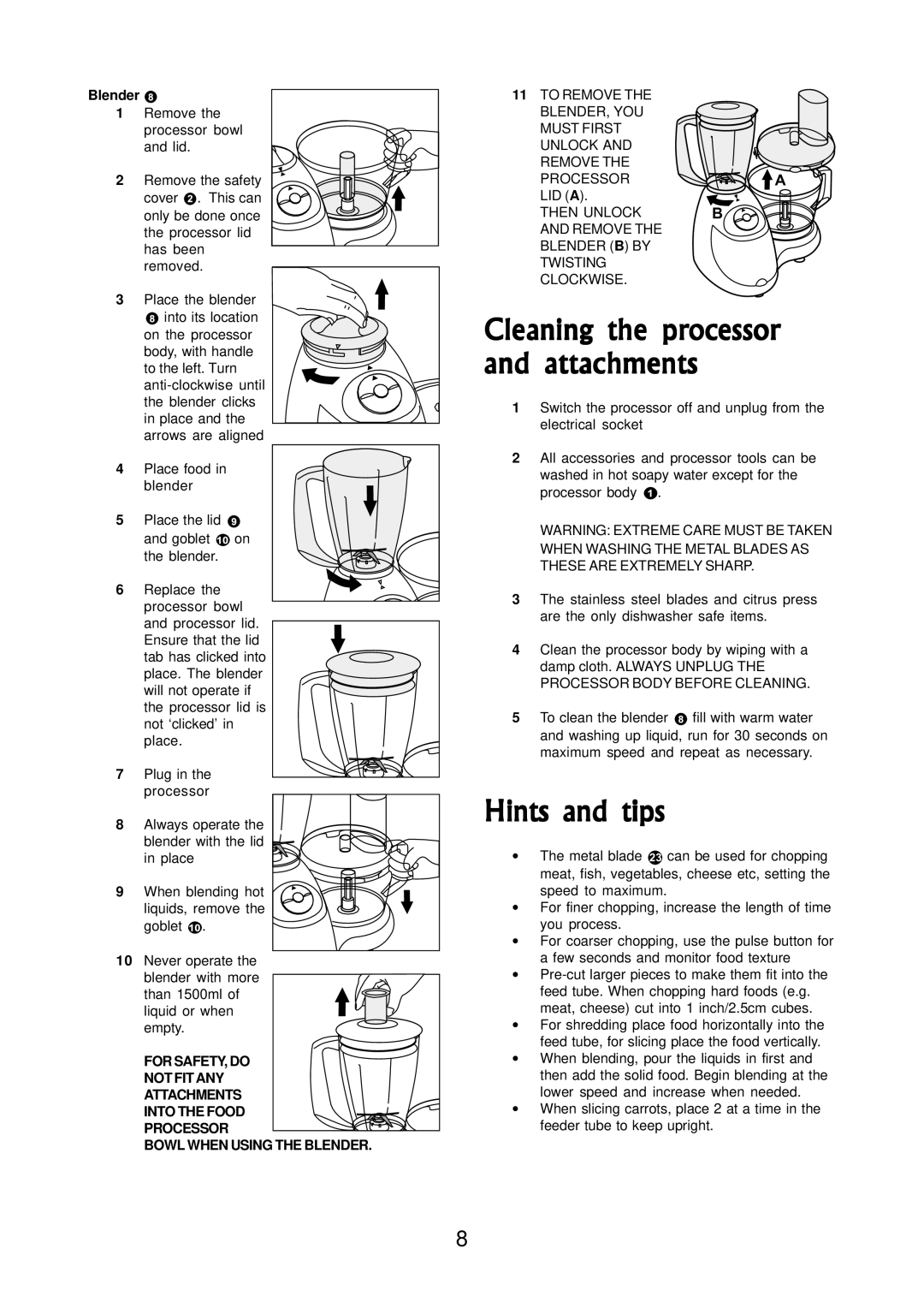 Morphy Richards 730 manual Hints and tips, Blender 