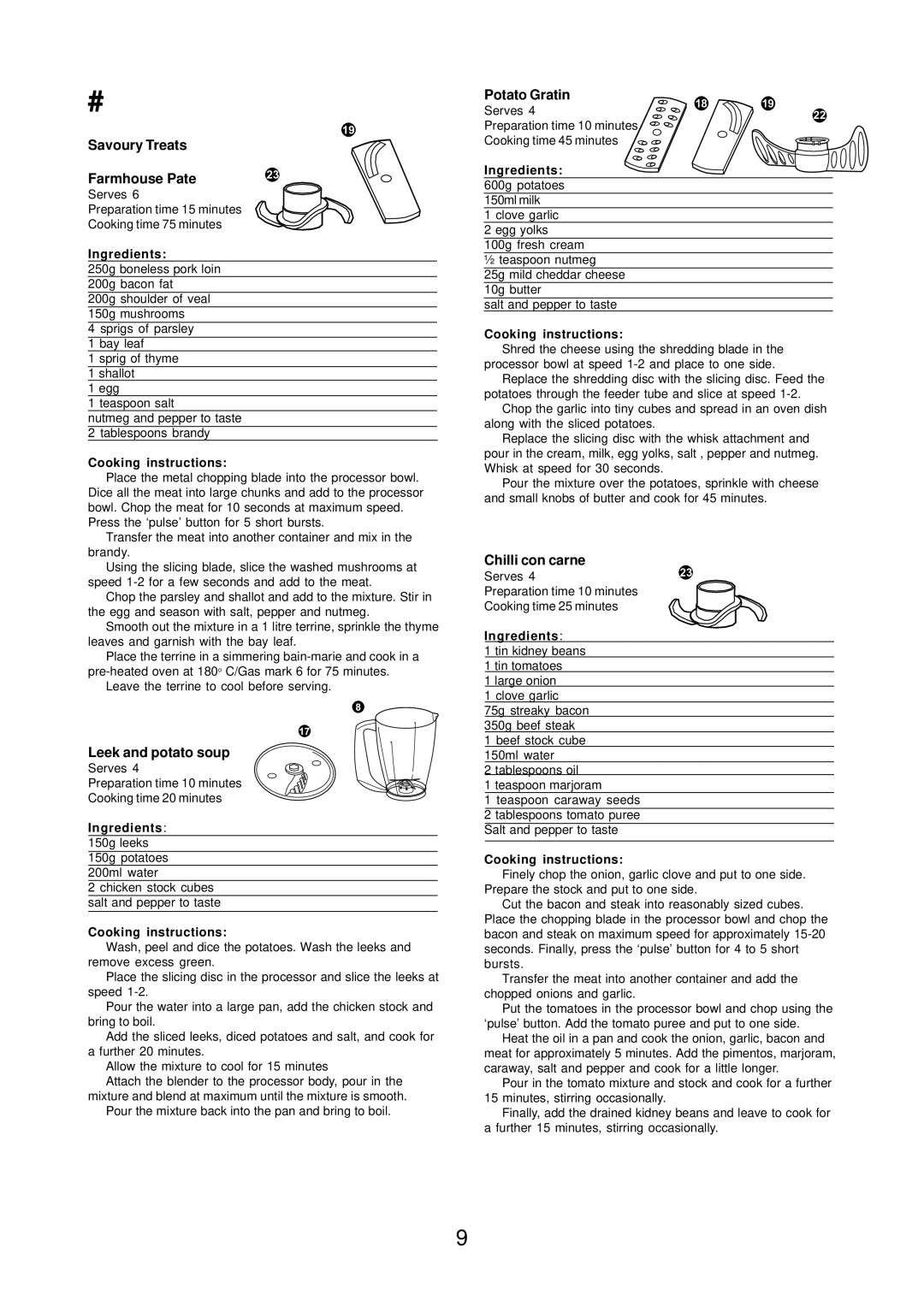 Morphy Richards 730 manual Recipes, Savoury Treats, Leek and potato soup, Chilli con carne 