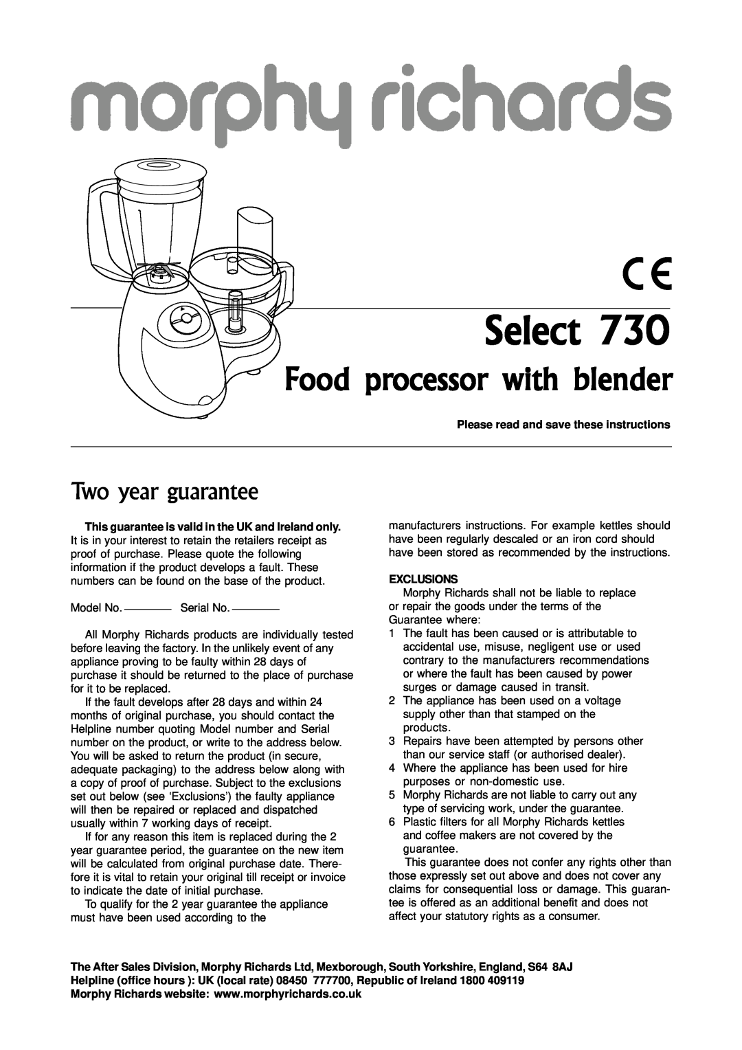 Morphy Richards 730 manual Select, Food processor with blender, Two year guarantee, Exclusions 