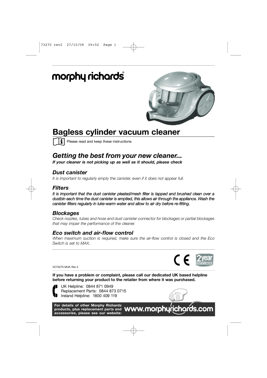 Morphy Richards 73270 manual Bagless cylinder vacuum cleaner 