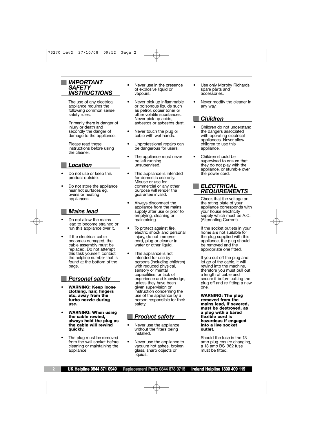 Morphy Richards 73270 manual Important Safety Instructions, Electrical Requirements 