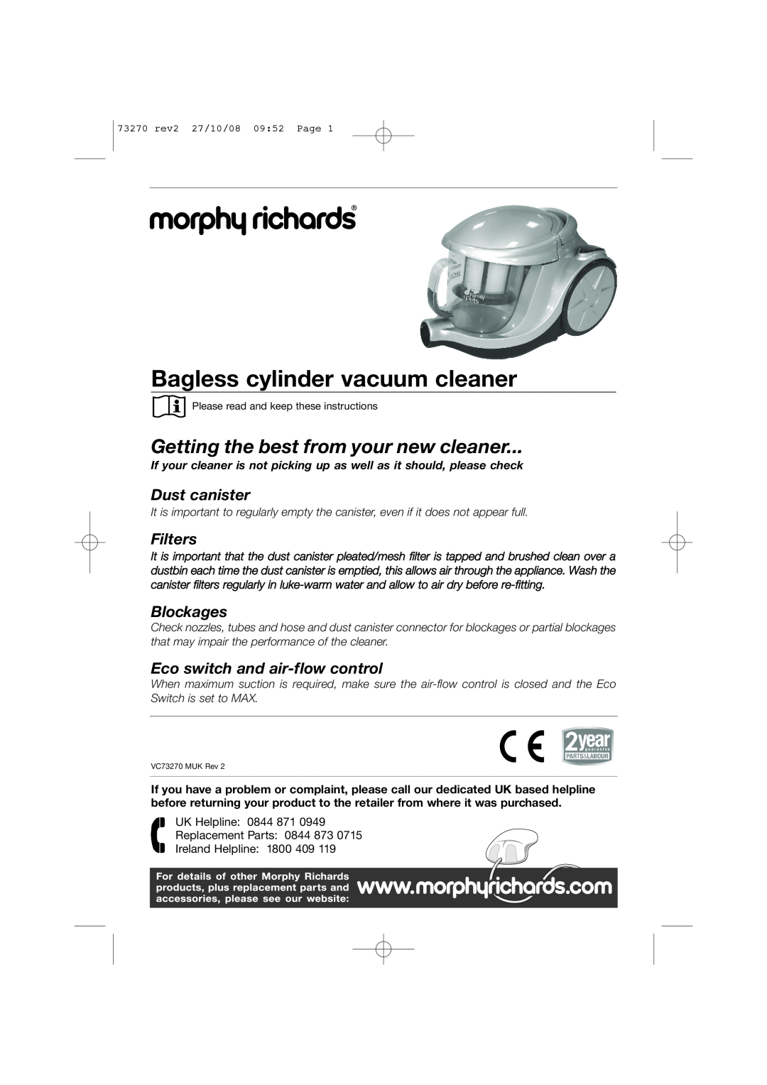 Morphy Richards 73270 manual Bagless cylinder vacuum cleaner, Getting the best from your new cleaner, Dust canister 