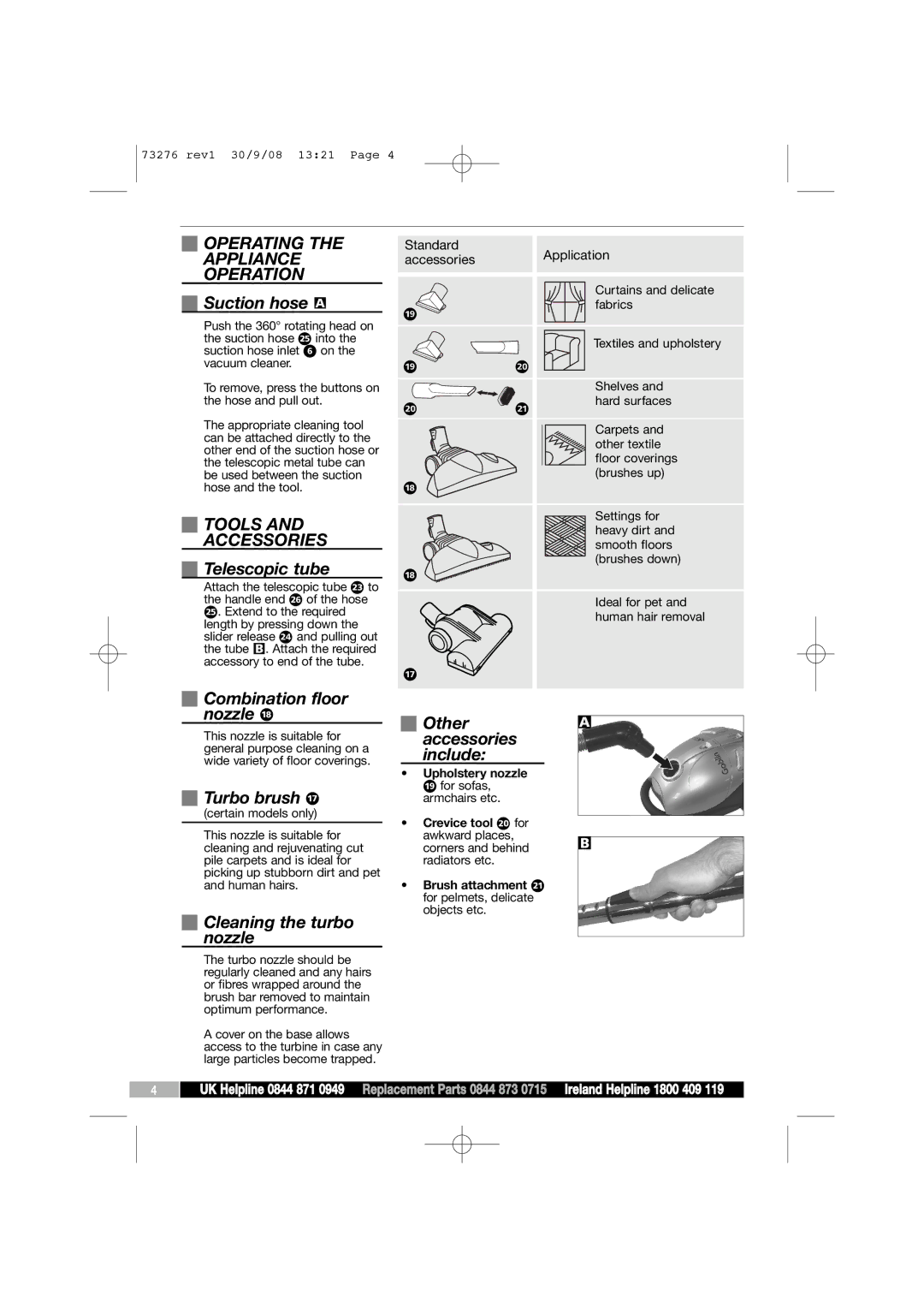 Morphy Richards 73276 manual Operating the Appliance Operation, Tools Accessories 