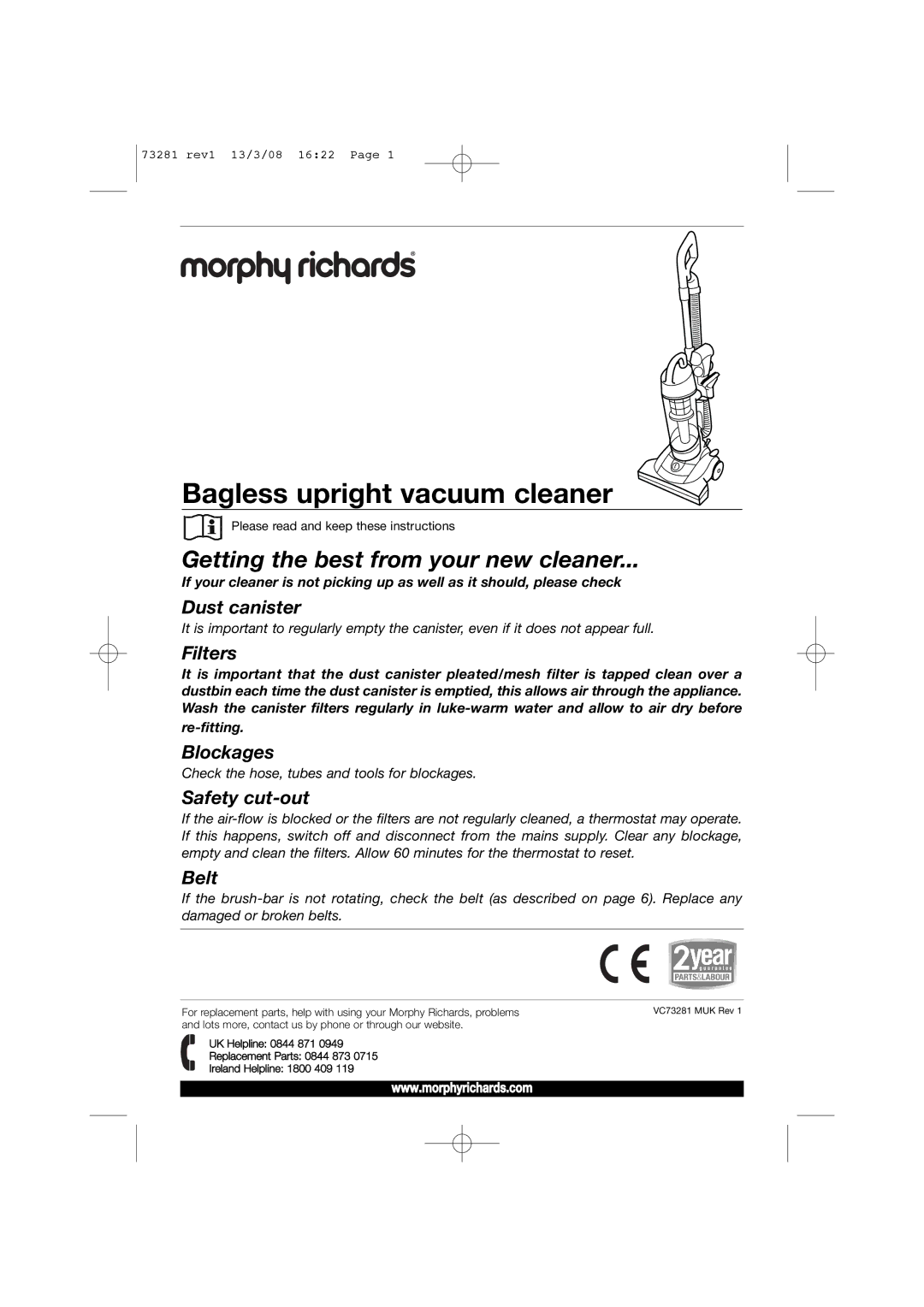 Morphy Richards 73281 manual Bagless upright vacuum cleaner, Please read and keep these instructions 