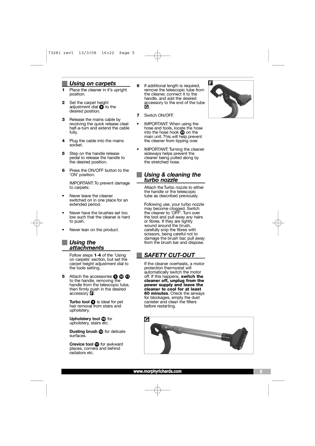 Morphy Richards 73281 manual Using on carpets, Using the attachments, Using & cleaning the turbo nozzle, Safety CUT-OUT 