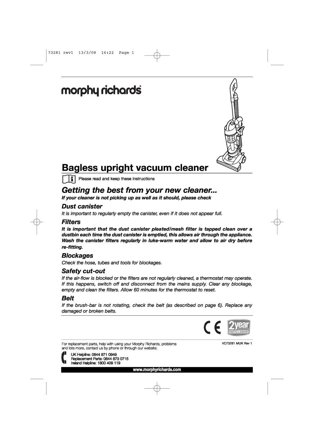 Morphy Richards 73281 manual Bagless upright vacuum cleaner, Getting the best from your new cleaner, Dust canister, Belt 