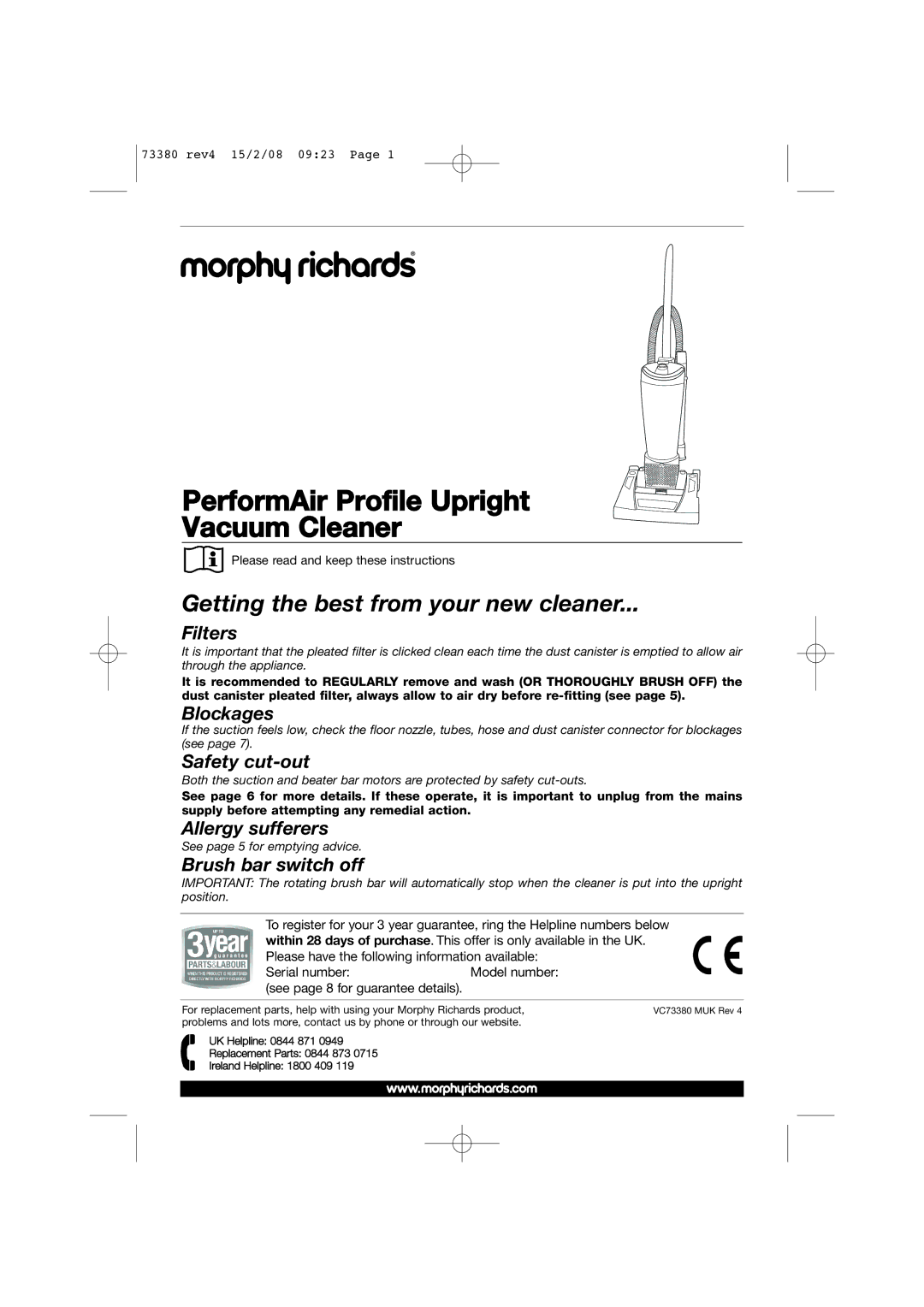 Morphy Richards 73380 manual PerformAir Profile Upright Vacuum Cleaner 