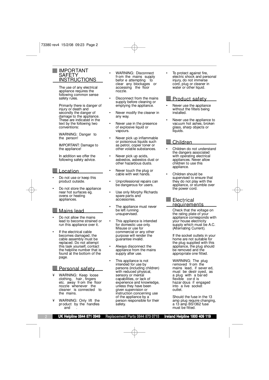 Morphy Richards 73380 manual Important Safety Instructions 