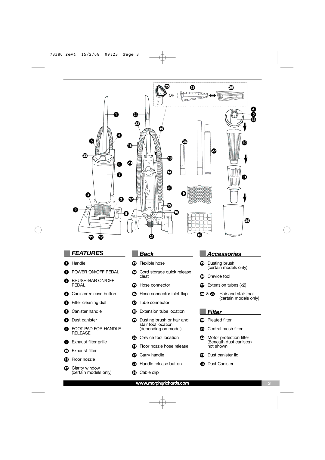 Morphy Richards 73380 manual Features, Back Accessories, Filter 