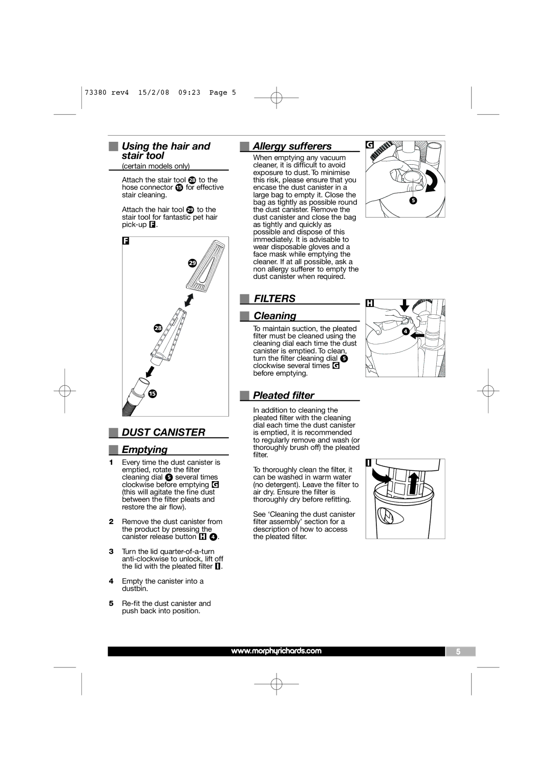 Morphy Richards 73380 manual Dust Canister, Filters 