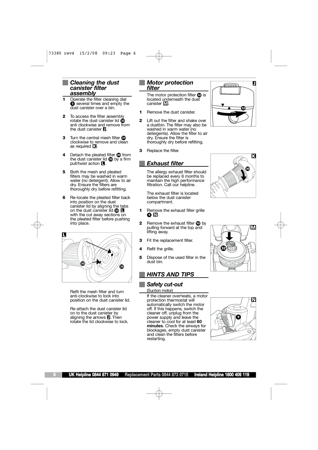 Morphy Richards 73380 Cleaning the dust canister filter assembly, Motor protection filter, Exhaust filter, Hints and Tips 