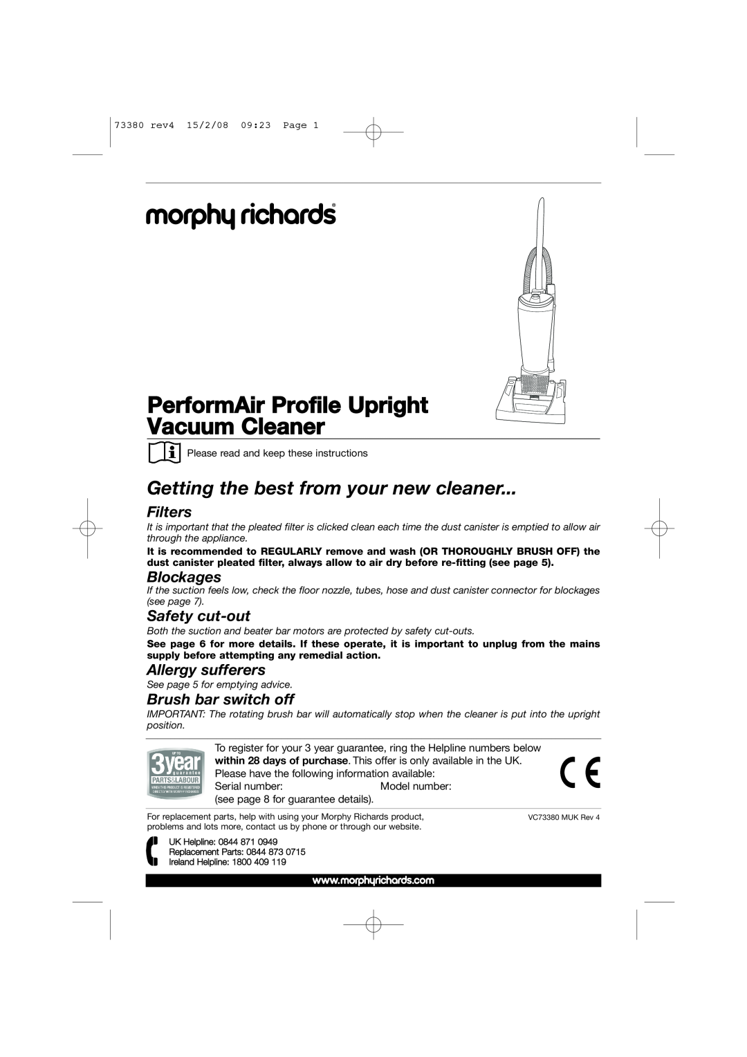 Morphy Richards 73380 manual PerformAir Profile Upright Vacuum Cleaner, Getting the best from your new cleaner, Filters 